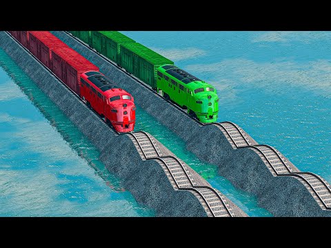 Double Colorful Trains Vs Double Wavy Impossible Weird Rail Tracks Crossing Deepwater | BeamNG.drive