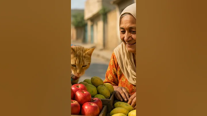 Watch the video about Cute tabby cat and an elderly Asian woman Mama Anwar selling fruits #betweenstories 🥭🍎🍌