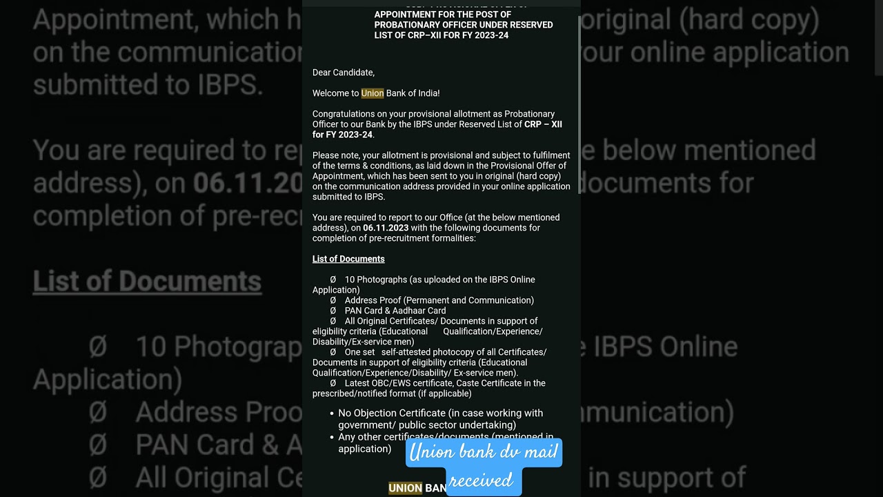 union Bank po dv mail received 