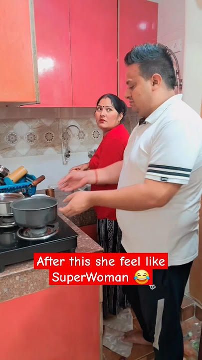 After this she feel like SuperWoman 😂 Wife Vs Husband Try not to Laugh Funny Video #funny #shorts
