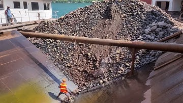 Barge unloading 3300 tons of large cobblestone - relaxing flow - Vlog of work on the barge