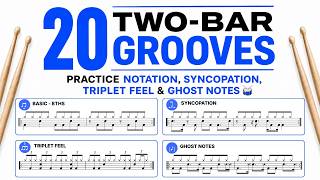 20 Two - Bar Grooves - Practice Syncopation, Triplet Feel & Ghost Notes 🥁