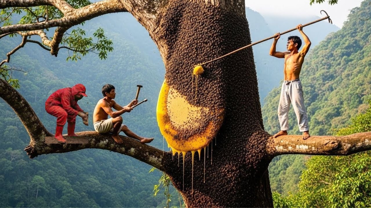 extreme wild honey hunt harvesting 2 honeycombs from a... 3 daring honey hunters harvest a giant beehive on the tallest tree in ...