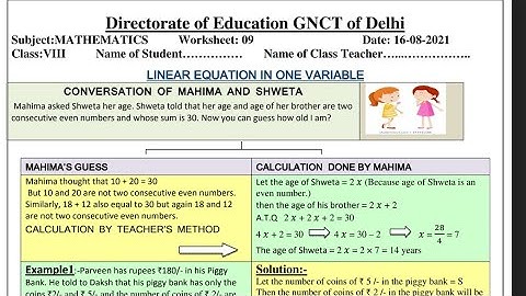CLASS-8|Solution of Doe Maths worksheet-9|Date-16/8/21|linear equation in one variable|Eng medium