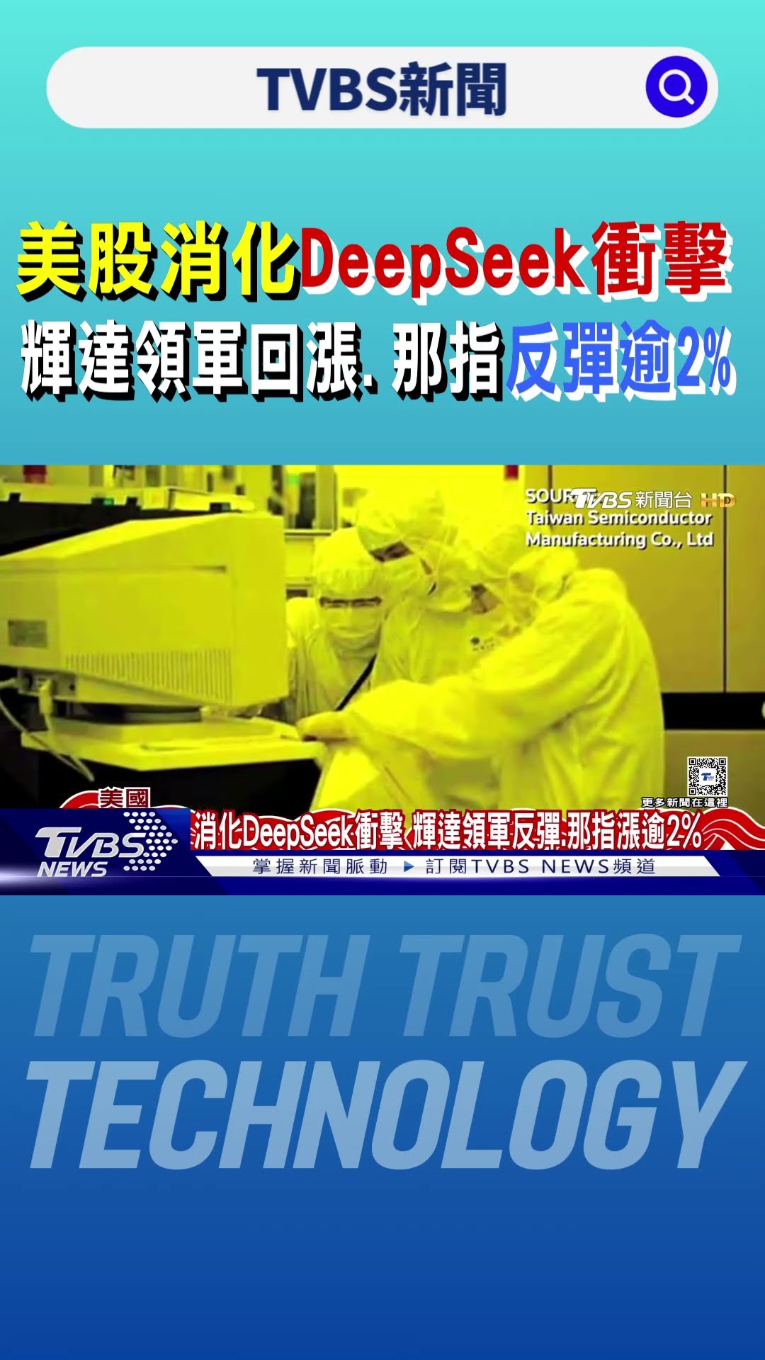 美股消化DeepSeek衝擊 輝達領軍回漲.那指反彈逾2%｜TVBS新聞 @TVBSNEWS01