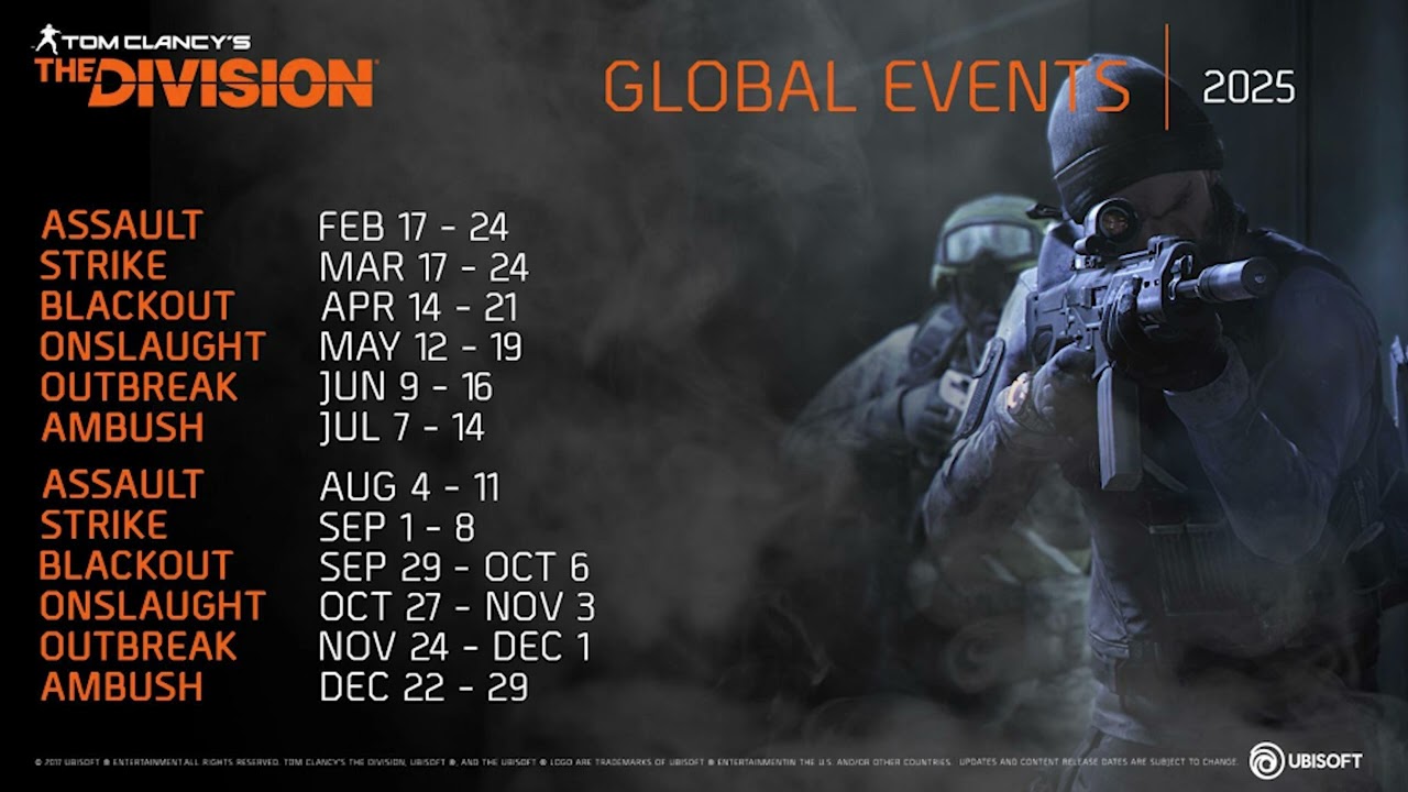 The Division 1  Global Event  Schedule 2025  "Onslaught" 10-27 to 11-3