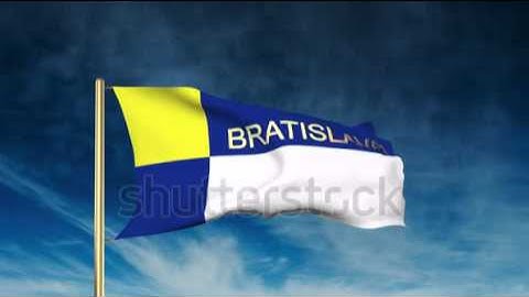 Bratislava flag slider style with title. Waving in the wind with cloud background animation Stock