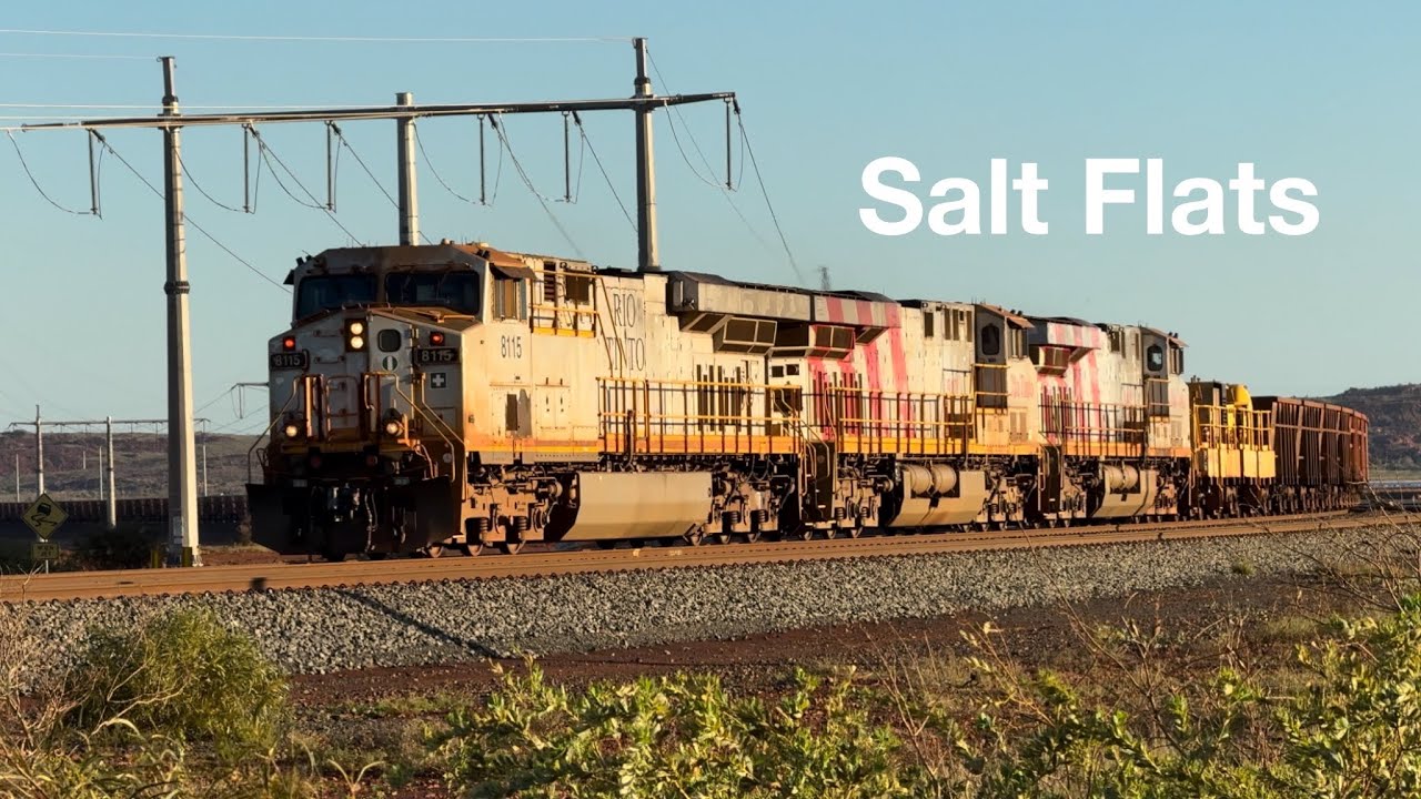 Unit Salt Train Rio Tinto Ore Train Crossing the Salt Flats and Enters 7 Mile Yard ...