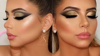 Gold & Olive Green Cut Crease Makeup + Perfect Skin Highlight & Contour + Baking | Melissa Samways
