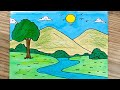 رسم سهل رسم منظر طبيعي بسيط بالالوان خطوة بخطوة للمبتدئين رسم طبيعة رسومات سهله 