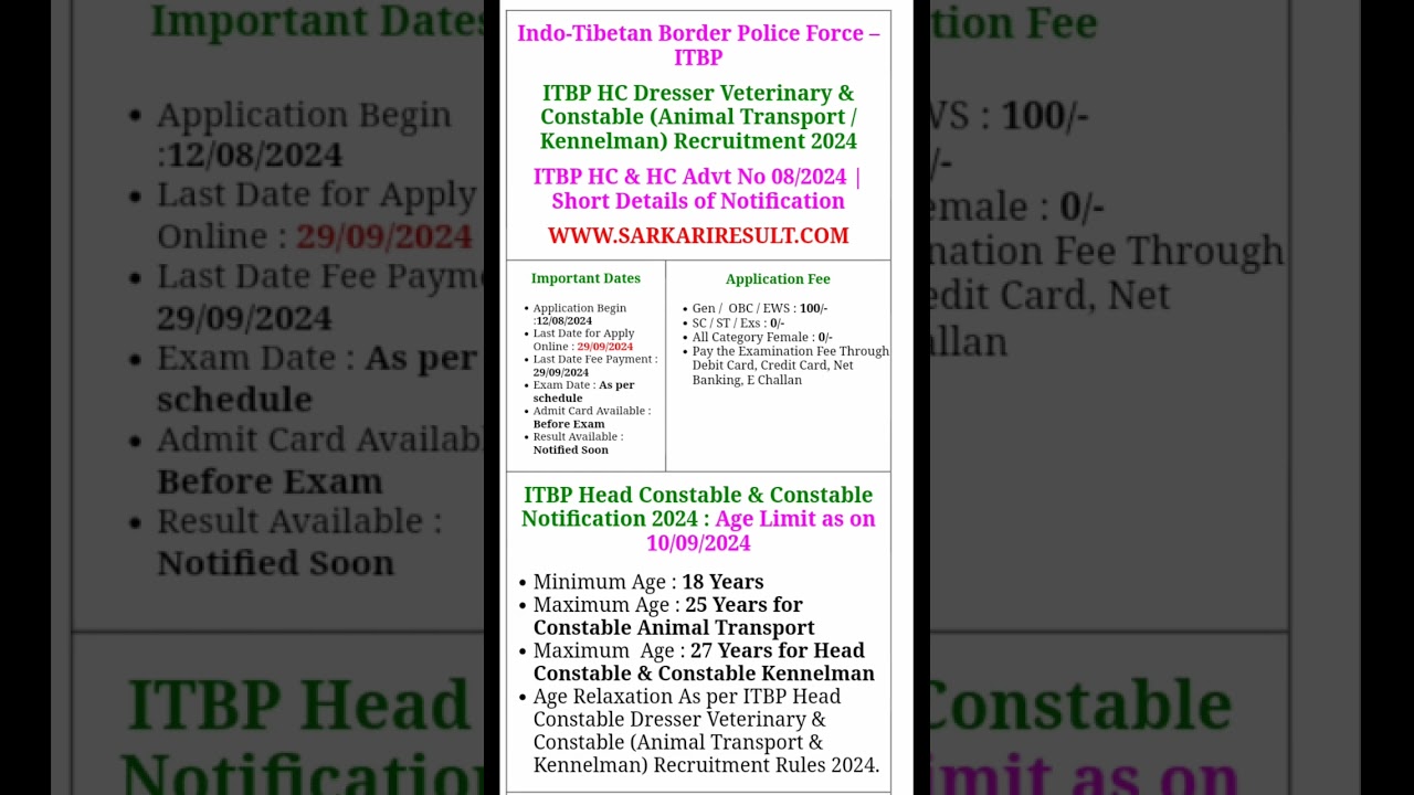 ITBP HC Dresser Veterinary & Constable (Animal Transport / Kennelman) Recruitment 2024 new vacancy
