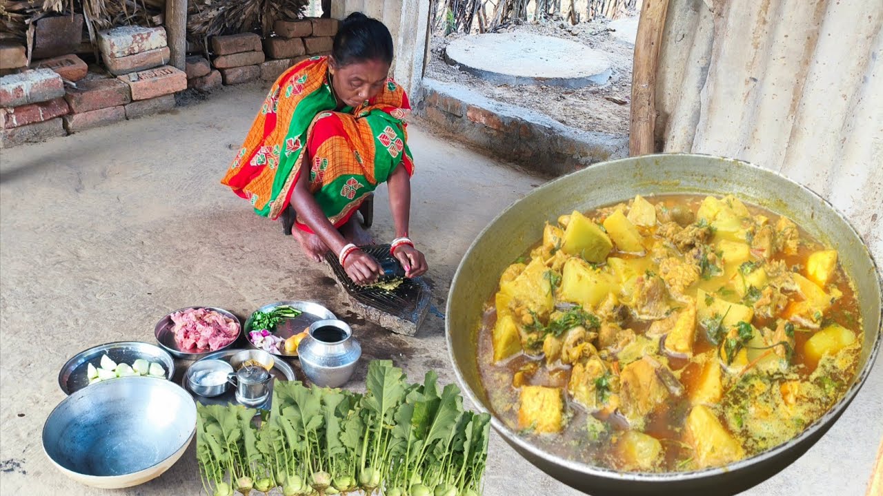CHICKEN MEAT CURRY with OL KOPI cooking for eating at lunch by tribe couple. 