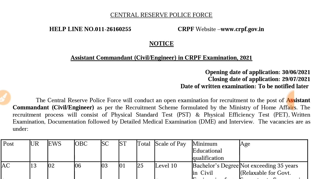 CRPF Civil Engineer Vacancy 2021 For BE in Civil Engineering