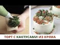 Украшаем торт кактусами и суккулентами из крема 🌵 Как сделать съедобные кактусы для декора торта 🍰