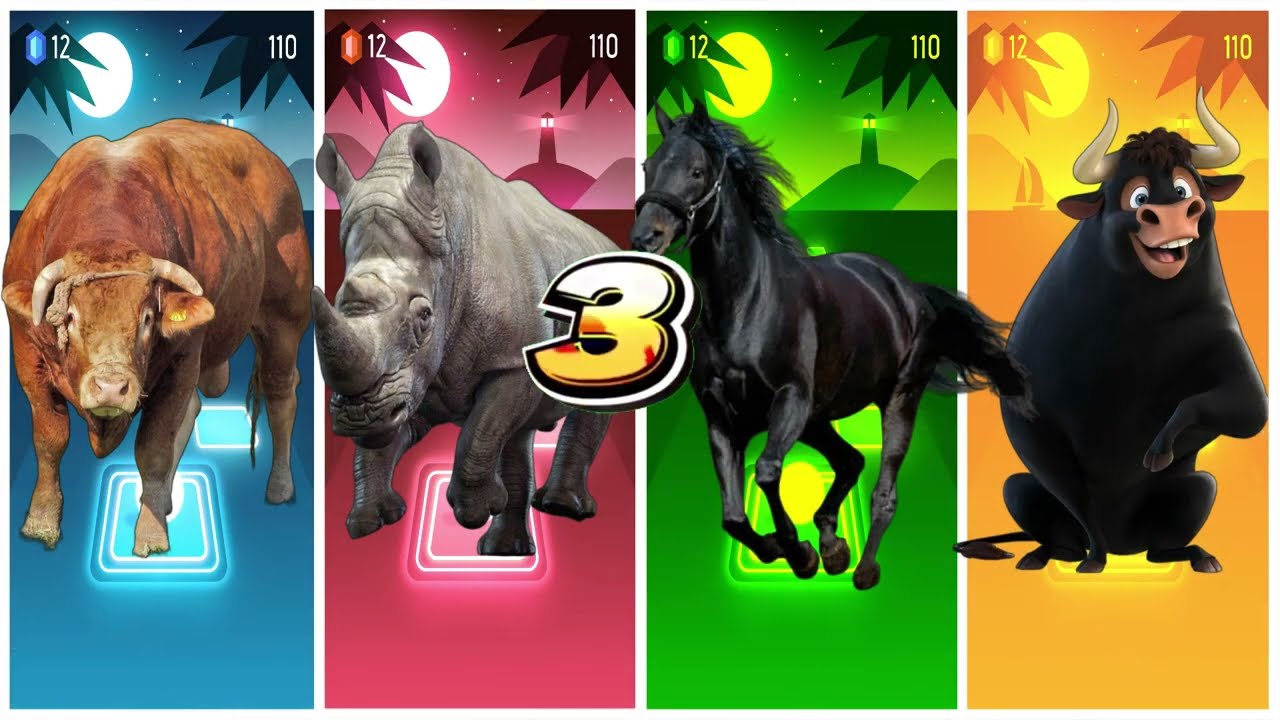 Funny Bull🐂🆚Funny Rhino🦏🆚Funny Horse🐎🆚Funny Ferdinand🐃🔴Tiles Hop EDM Rush