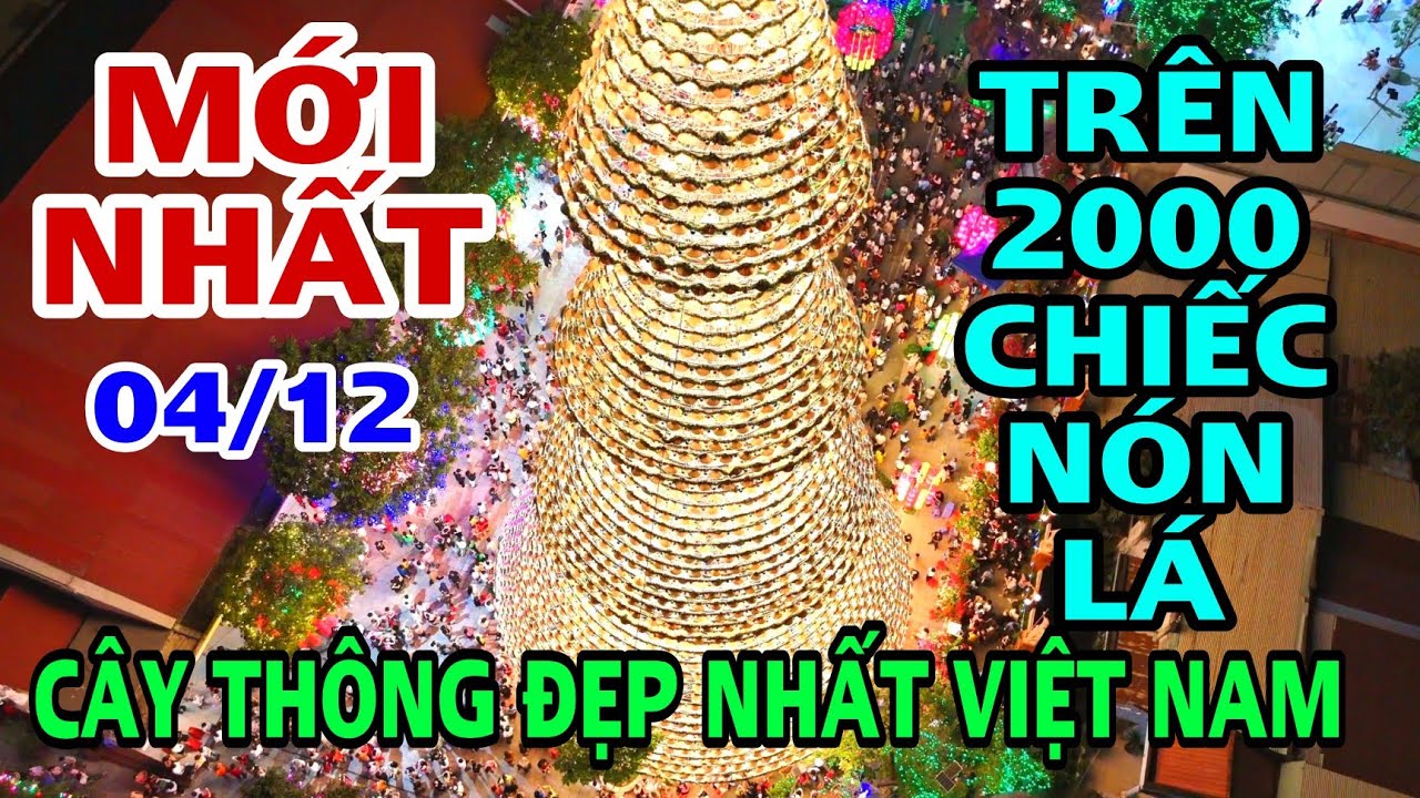 Mới nhất CÂY THÔNG ĐẸP NHẤT VIỆT NAM CHUẨN BỊ THẮP SÁNG ĐÈN . cây thông với hơn 2000 chiếc nón lá .