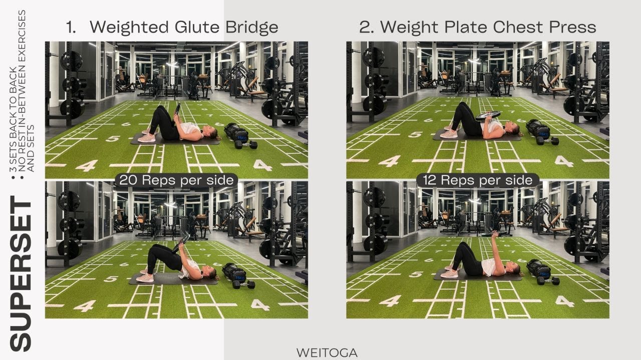 Superset Glute Bridge and Chest Press using a weight plate Gym Workout Weitoga YouTube