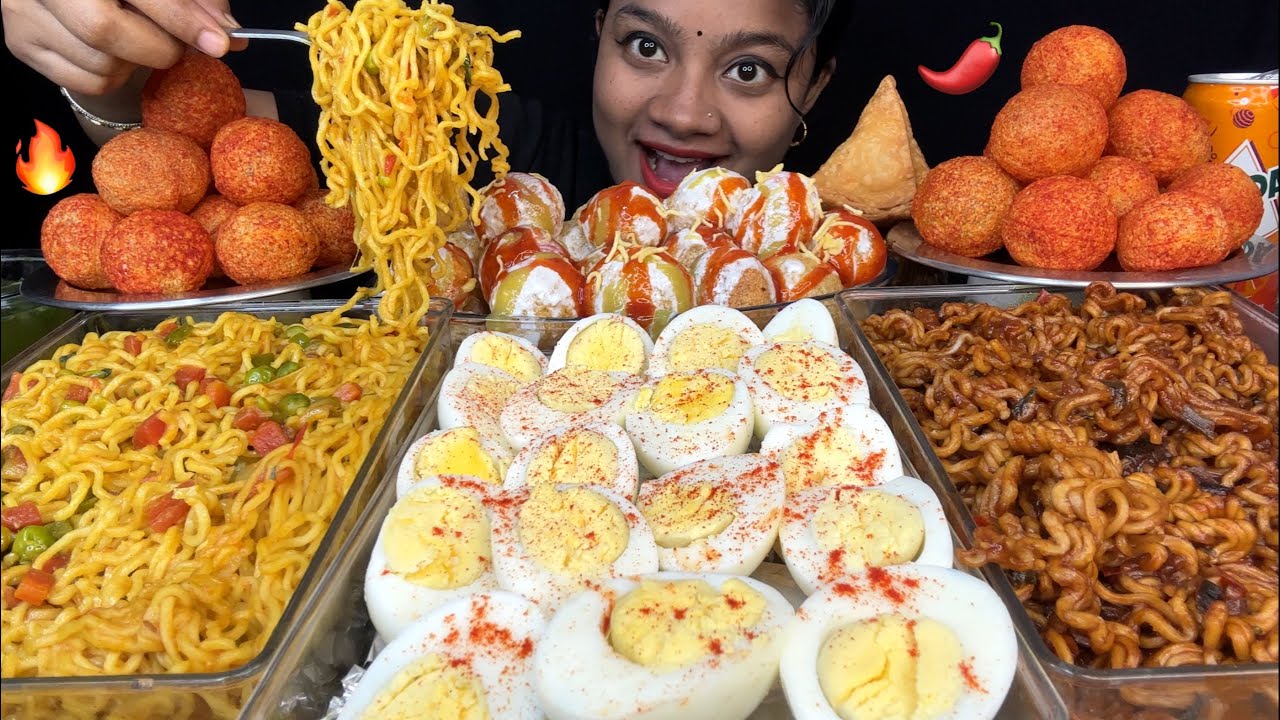 Spicy Pani Puri, Boiled Eggs, Black Bean Noodles, Dahi Puri, Samosa Eating 😋 Food Show, Food Videos🔥