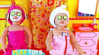 Playing american girl doll day spa. ag doll wake up in bunk beds in the doll bedroom. baby doll goes to doll bathroom for spa day, 