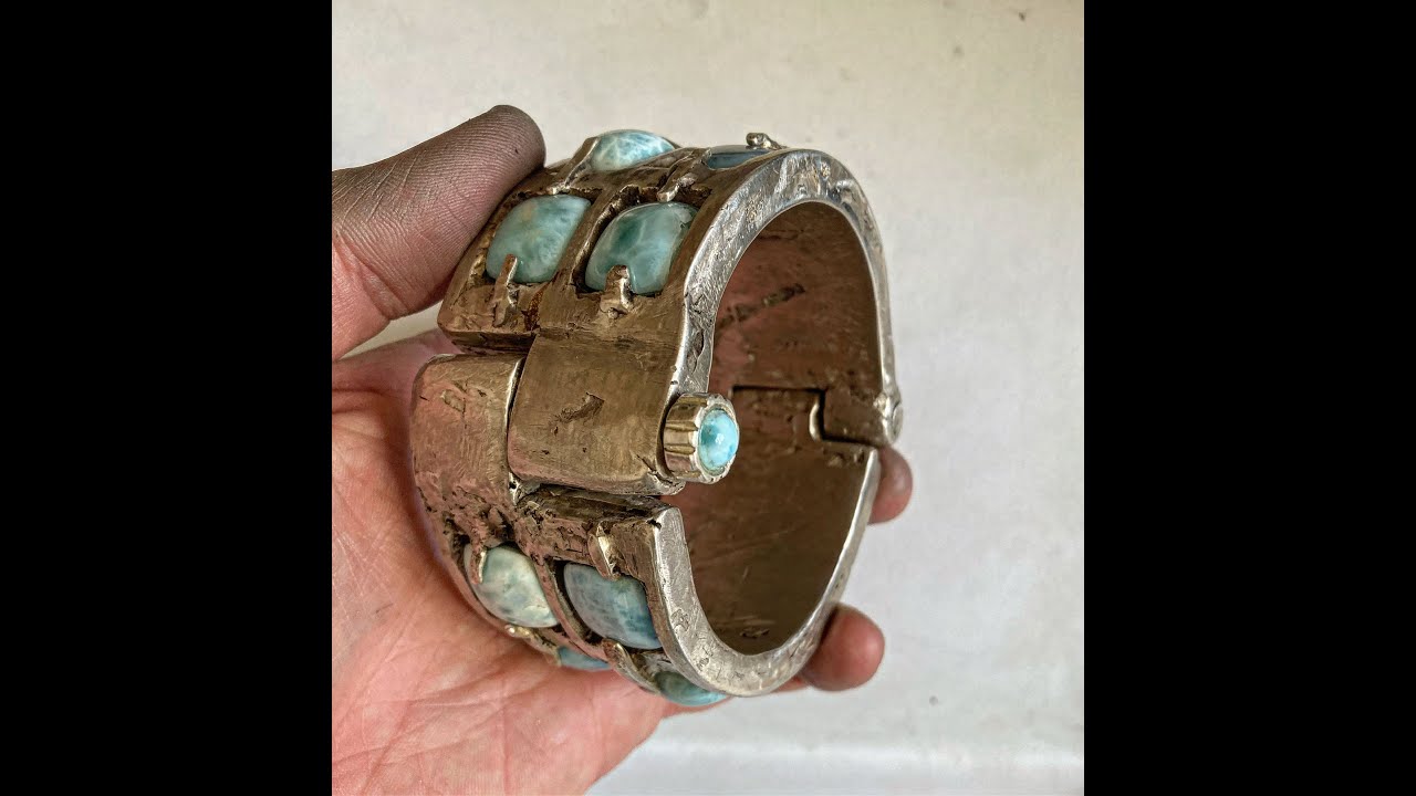 USA Handcrafted Heavy Silver Bracelet for men | Wide Shackle Larimar Bracelet | LUGDUN ARTISANS