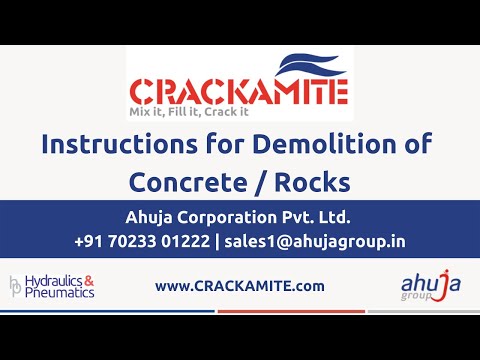 Instructions for Demolition of Concrete / Rocks.

C-R-A-C-K-A-M-I-T-E Non-Explosive Silent Cracking / Demolition Agent is the most effective solution for Rock Breaking, Stone Quarrying, Mining, Concrete Demolition, Excavations, etc., using silent expansive cracking. 

With an industry experience of over 50 years, our application team can guide you through the toughest demolition challenges and get you 100% Guaranteed Results.

C-R-A-C-K-A-M-I-T-E is engineered in line with international specifications for Quality, Safety, Consistency, and Reliability.

✅ 50+ years of industry experience
✅ 100% Guaranteed Results
✅ Full support and training
✅ Demonstration and Supervision
✅10 Lac+ kgs sold to date
✅ 1000+ satisfied customers
✅ ISO 9001: 2015 certified
✅ Exporting to 10+ countries globally
✅ Material Test Reports, Inspection & Guarantee Certificates
✅ Quick Response Time
✅ On-time deliveries of orders
✅ Free Samples & Catalogues

We are looking for dealers in unrepresented territories.

Website: www.crackamite.com | Email: lalit@ahujagroup.in | Call: +91 9829229943