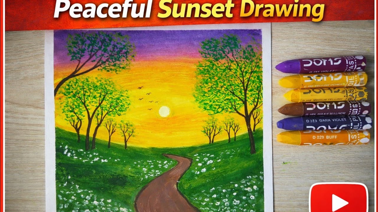 Peaceful Sunset Pathway Drawing | Oil Pastel