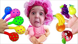 Nastya and Daddy Finger Nursery Rhymes | Learn Colors and Fruits With Balloons !  Learn English Kids