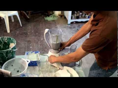 Expert making a small batch of paperclay / paper clay in a kitchen food blender