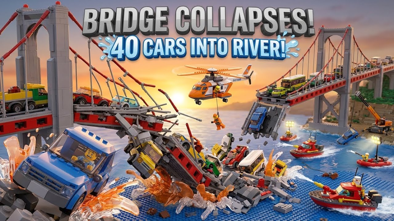 LEGO Bridge COLLAPSES! 🌉💥 40 Cars Fall Into River - Water Rescue! 😱