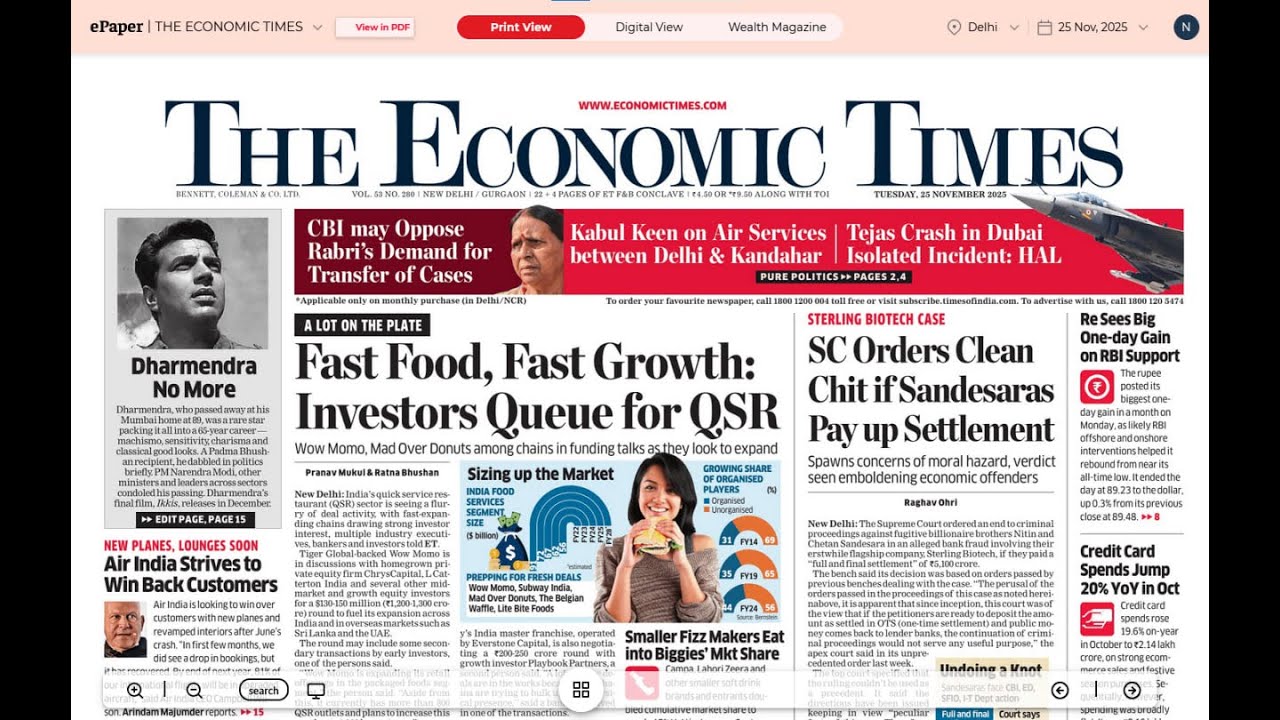 25 November 2025 | The Economic Times Newspaper | Daily Finance & Business News Analysis