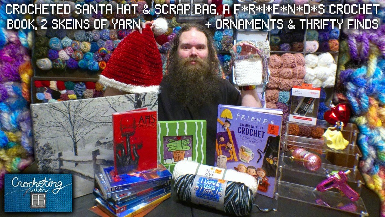 A FRIENDS Crochet Book, Crocheted Santa Hat & Scrap Bag, 2 Skeins Of Yarn +Ornaments & Thrifty Finds