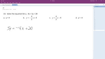 Solve the equation for y. 4x + 5y = 20