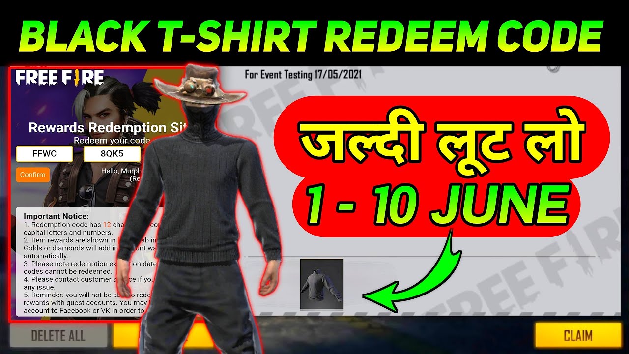 BLACK TSHIRT REDEEM CODE TODAY FREE FIRE REDEEM CODE FF REDEEM