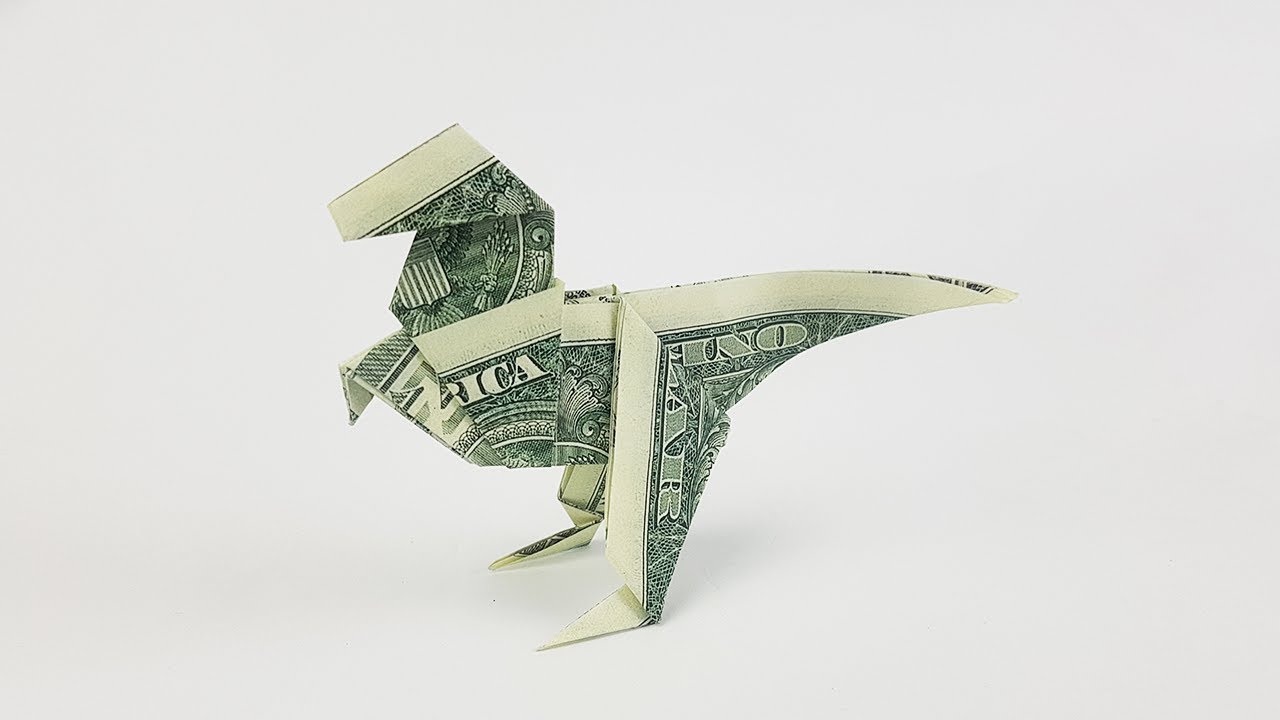 Money Origami Dinosaur T-Rex  V2 🦖- US Dollar Bill Tutorial - Fold a dinosaur with 3 dollar bills