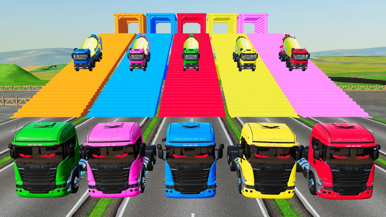 Transporting Colorful Mixer Trucks & Double Flatbed Trailers on Dangerous Terrain FS22 #82