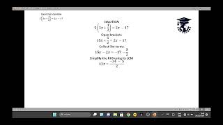 Solution set to: Solve completely 5(3x +1/2) = 2x – 17.
