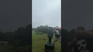 Nunchuck practice. Double strikes straight accross the face teeth between the eyes through the nose
