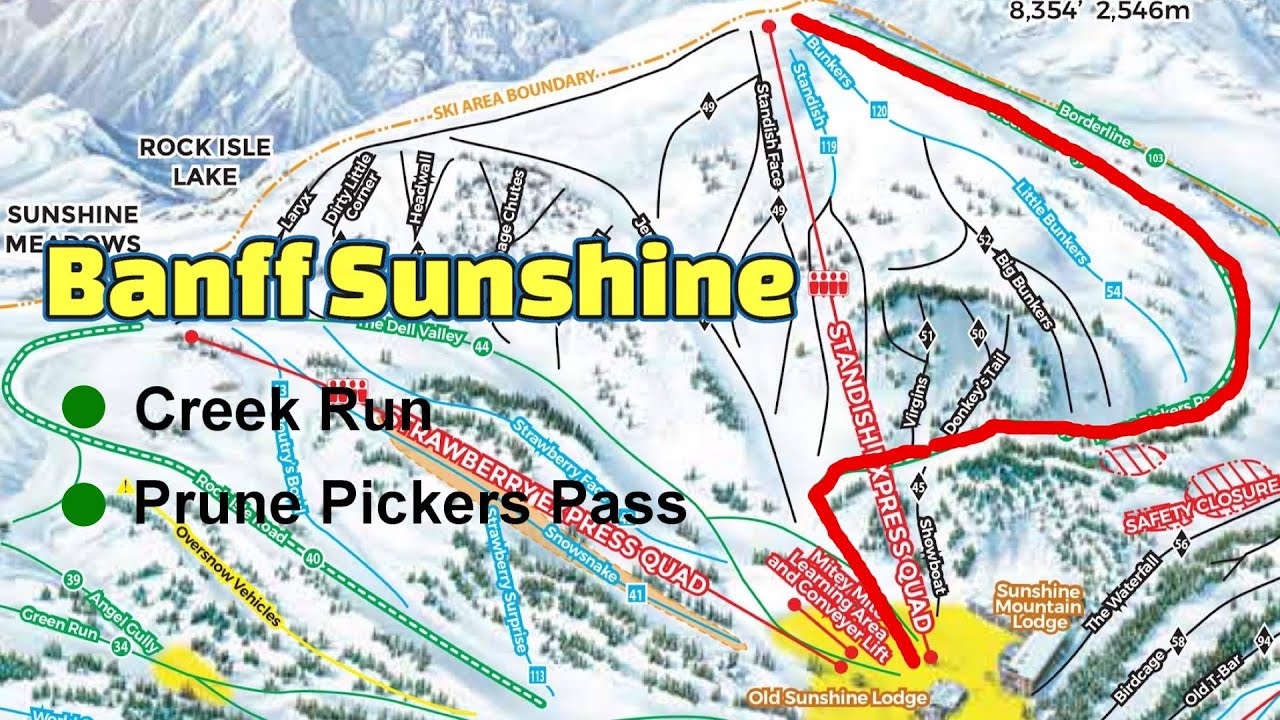 Banff Sunshine, Skiing Creek Run & Prune Pickers Pass. Easy Greens.