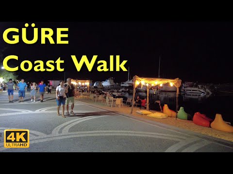 Güre Night Walking Tour 4K UHD 50fps | Street market & Coast walk