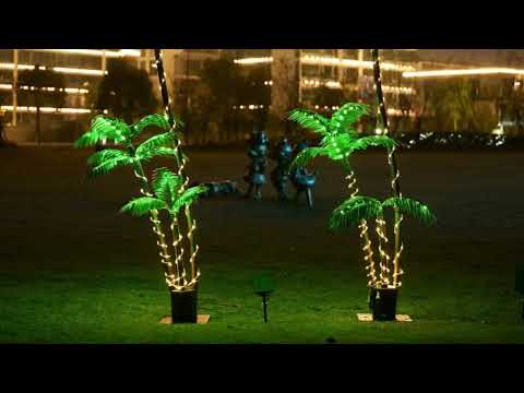Solar Artificial Palm Tree Christmas Tree 7Ft 3Trunks 245LED Lighted Simulation Tropical Palm Tree