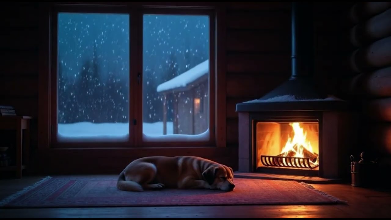 Sleeping Dog by the Fireplace | Snowy Winter Night | Cozy Relaxing Ambience | 1 Hour | 4K#snownight