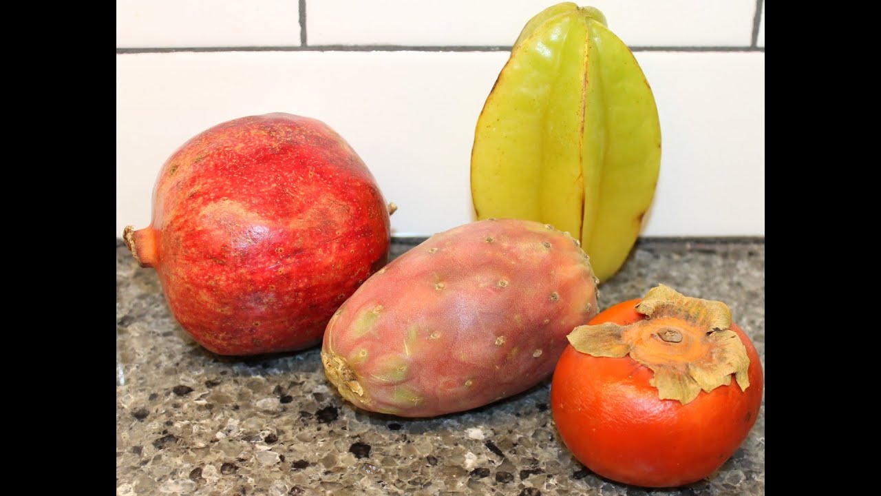 4 Fruits Taste Test Starfruit, Cactus Fruit, Pomegranate and Persimmon