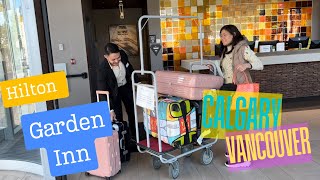 Hilton Garden Inn Hotel Calgary Canada tour of lobby, room, laundry, gym, bathroom 2024