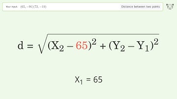 Find the distance between two points p1 (65,-91) and p2 (72,-19): Step-by-Step Video Solution