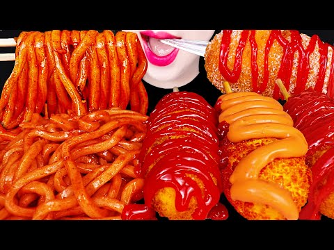 ASMR Spicy Fire Noodles Hot Dogs 콘마요 불닭 우동 핫도그 먹방 Mukbang, Eating