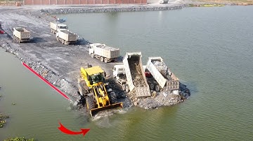 Nice !!New Activities huge Wheel Loader working push Rock into the water build New Road
