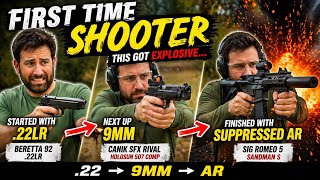 FIRST TIME SHOOTER Goes .22 → 9MM → SUPPRESSED AR (Gets EXPLOSIVE!)