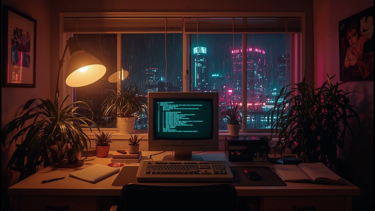 Midnight Rain CRT Desk 🌧️ Neon LoFi & Synthwave Focus Mix (Royalty Free)