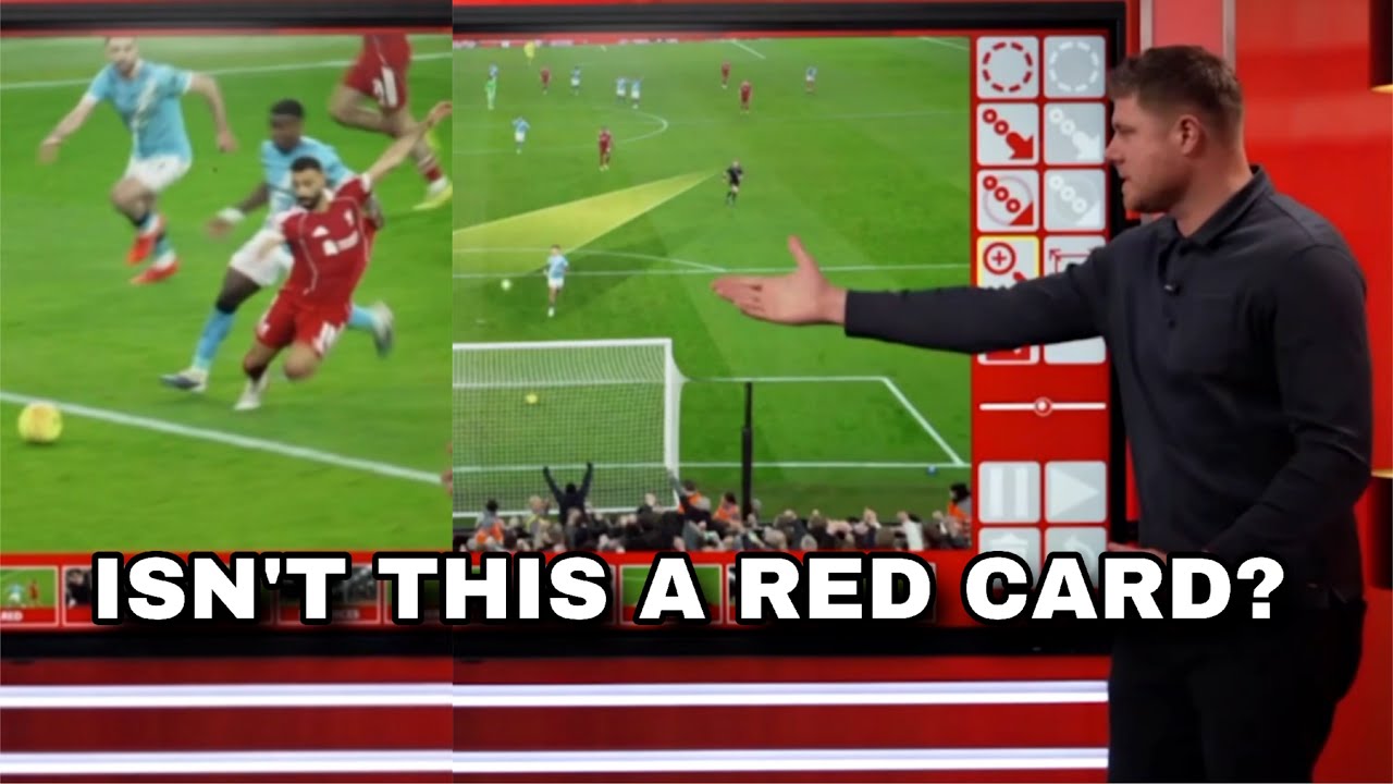 The referee ignored a clear red card offense by Marc Guehi after a violent tackle on Mohamed Salah.