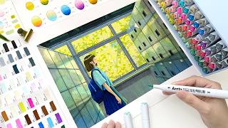 Alcohol Marker Painting Tutorial｜Relaxing Draw with Me｜Free Printable Sketch｜Blending & Layering Tip
